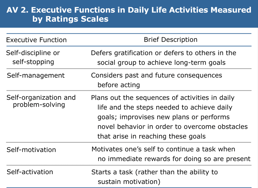 Table summarizing executive functions in daily activities with brief descriptions
