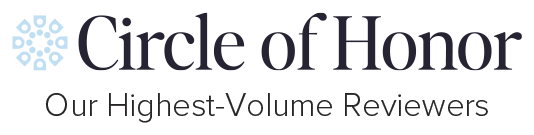 Logo showing "Circle of Honor" and "Our Highest-Volume Reviewers," with a blue geometric pattern on the left side.