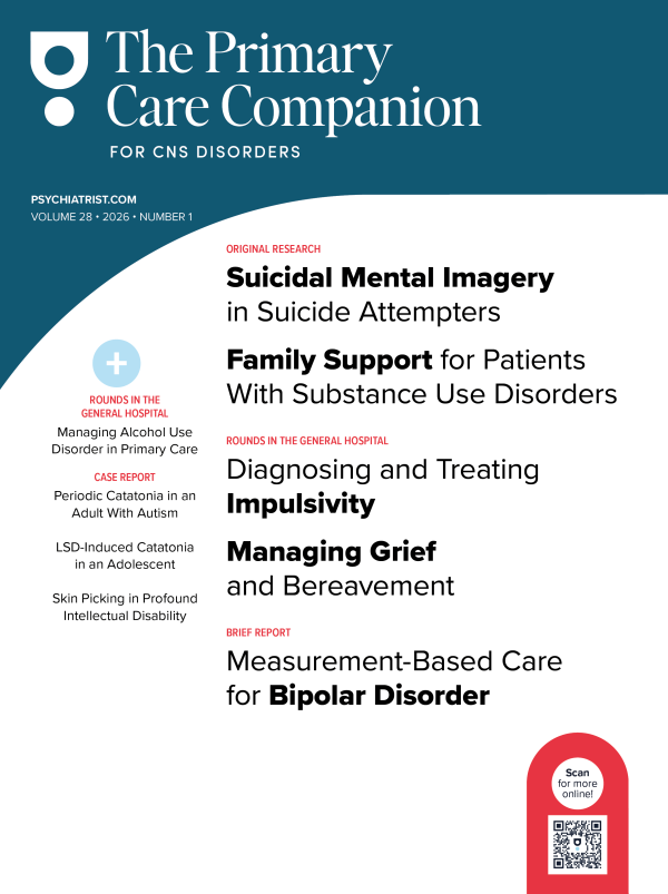Figure—Magazine cover highlights articles on suicide attempts, family support, impulsivity, grief, and bipolar disorder care.