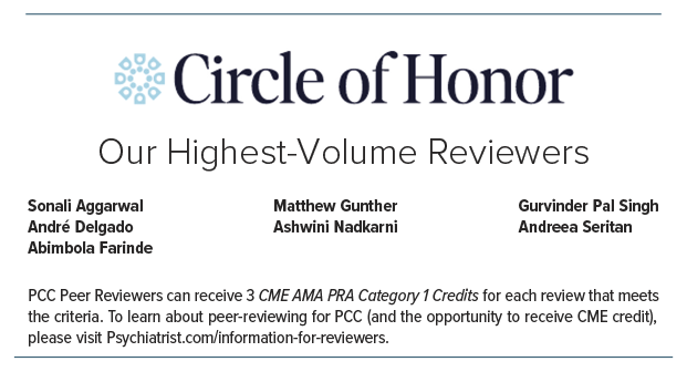 Figure highlights top PCC peer reviewers in the Circle of Honor, noting CME credit eligibility for review participation.