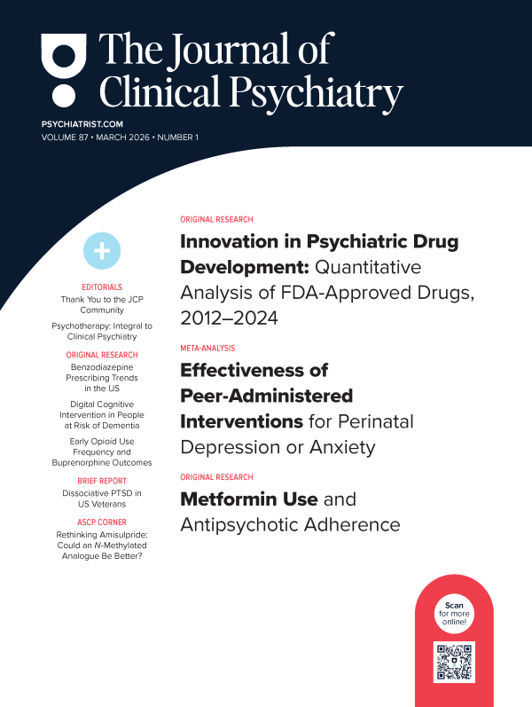 Cover features March 2026 issue highlighting articles on psychiatric drugs, peer interventions for perinatal depression, and metformin.
