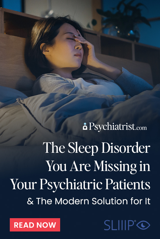 Figure: Woman in bed appears distressed, suggesting sleep difficulty; text highlights underrecognized sleep disorder in psychiatry.