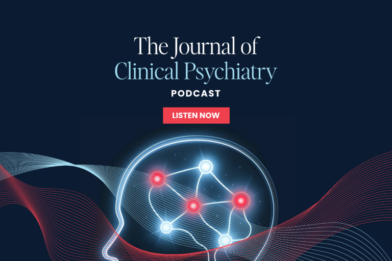 Figure: Digital illustration shows a human head with neural connections and podcast title over a dark blue patterned background.