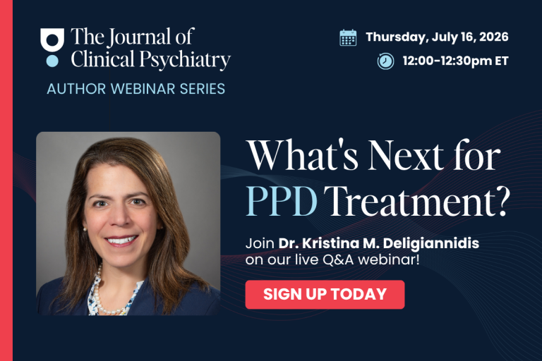 Webinar ad featuring Dr. Kristina M. Deligiannidis on PPD treatment options
