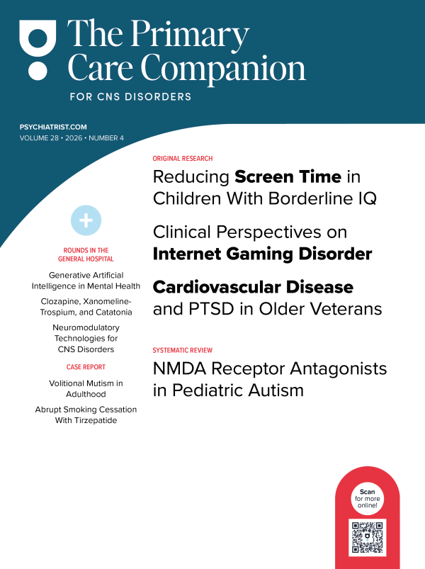 The Primary Care Companion cover with articles on screen time, gaming disorder, and NMDA receptor antagonists