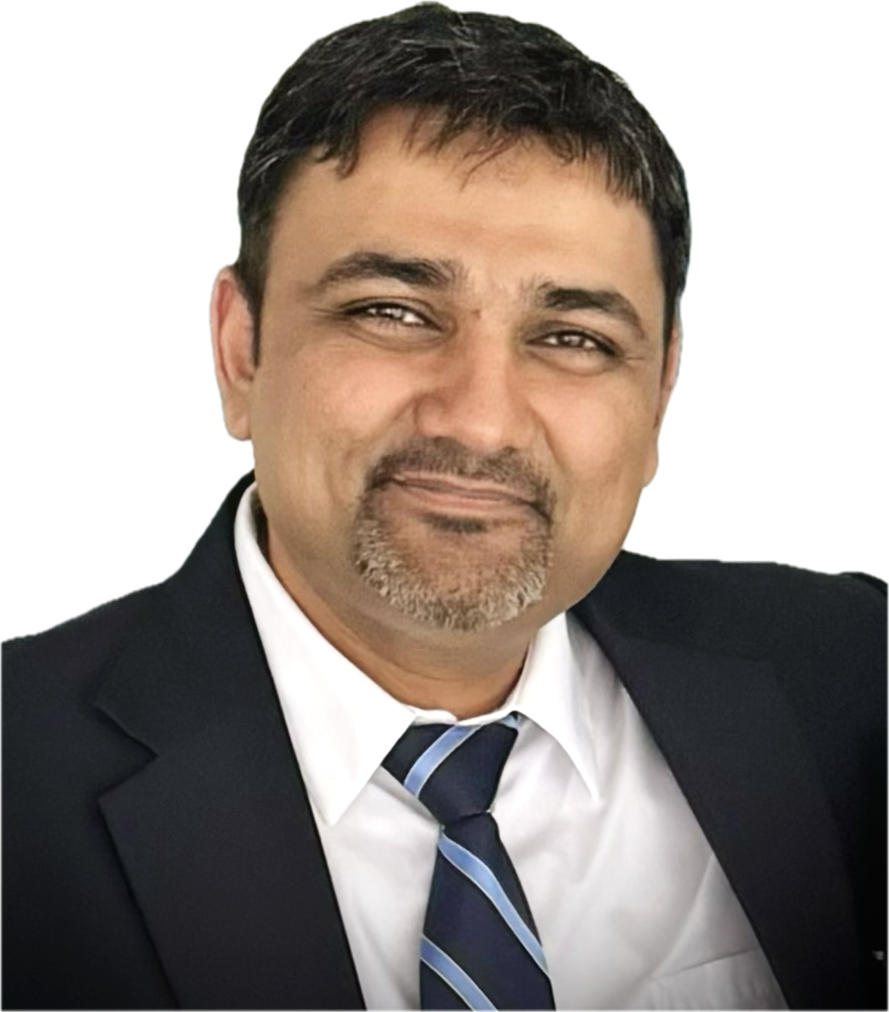 Psychiatrist in professional attire, smiling, against a neutral background